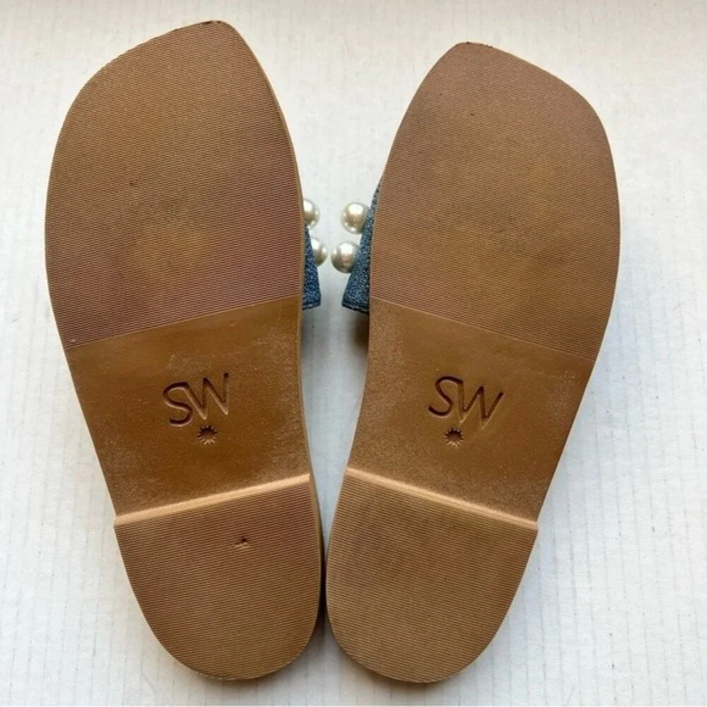 Stuart Weitzman Blue Denim Slide Flat Slip On Sandal Shoes w/ Pearls‎ Women 5 B